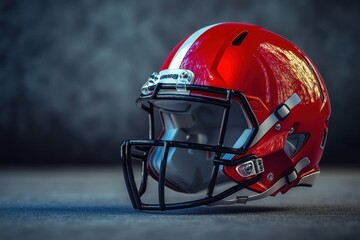 Fototapeta premium Stylish red football helmet on surface with a blurred background in natural light