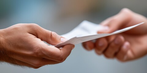 A close-up image capturing the moment of a paper exchange between two hands, symbolizing communication, transaction, or sharing ideas, emphasizing human connection.