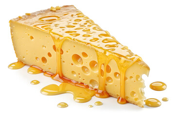 Swiss Cheese Slice with Honey Drizzle on White Background – Close-Up Gourmet Food Concept