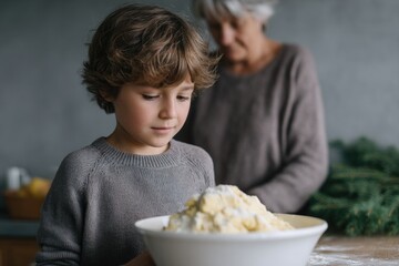 scene of child and grandparent baking cookies together in kitchen with no gadgets