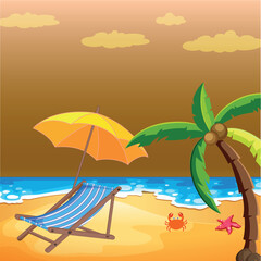Vector illustration. On Summer Vacation sea, palm trees landscape with sand flat design