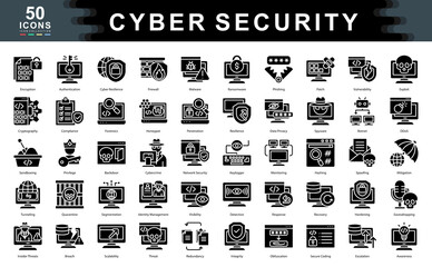 50 cybersecurity black icons illustrating encryption, threat detection, data privacy, and system defense. Ideal for IT, digital protection, and secure tech environments.