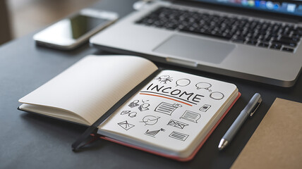 Notebook with INCOME and sketches laptop pen and phone on a desk illustrating business and finance.