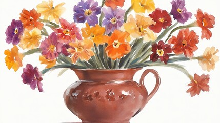 Watercolor Violets Bursting from Terracotta Vase
