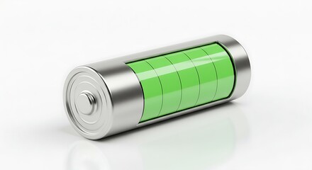 Fully charged battery with green indicator isolated on white background