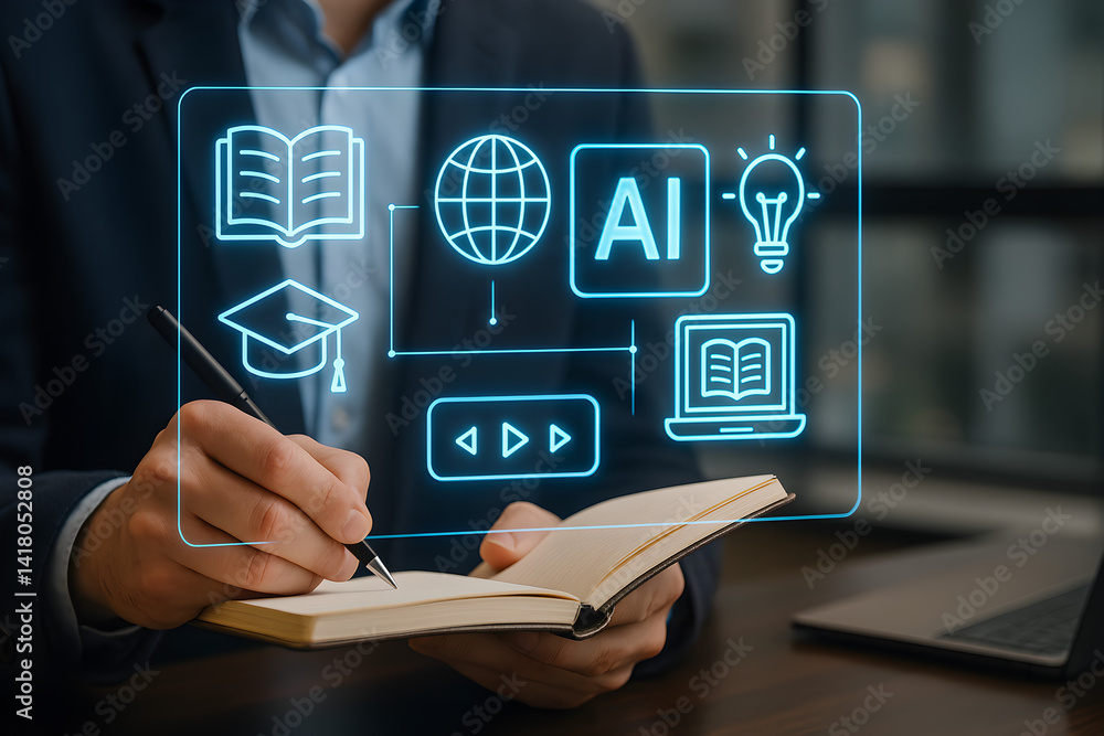 Poster ai education and learning concept man taking notes on artificial intelligence and future technology