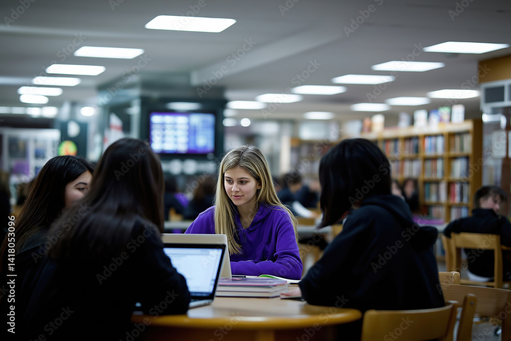 Aufkleber students collaborating on projects in a library setting during the afternoon