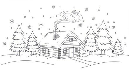 Obraz premium Cozy cabin in winter landscape with falling snow and steaming chimney drawing for coloring book or holiday illustration