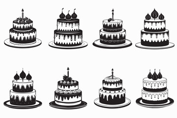 A simple black and white silhouette of a birthday cake.