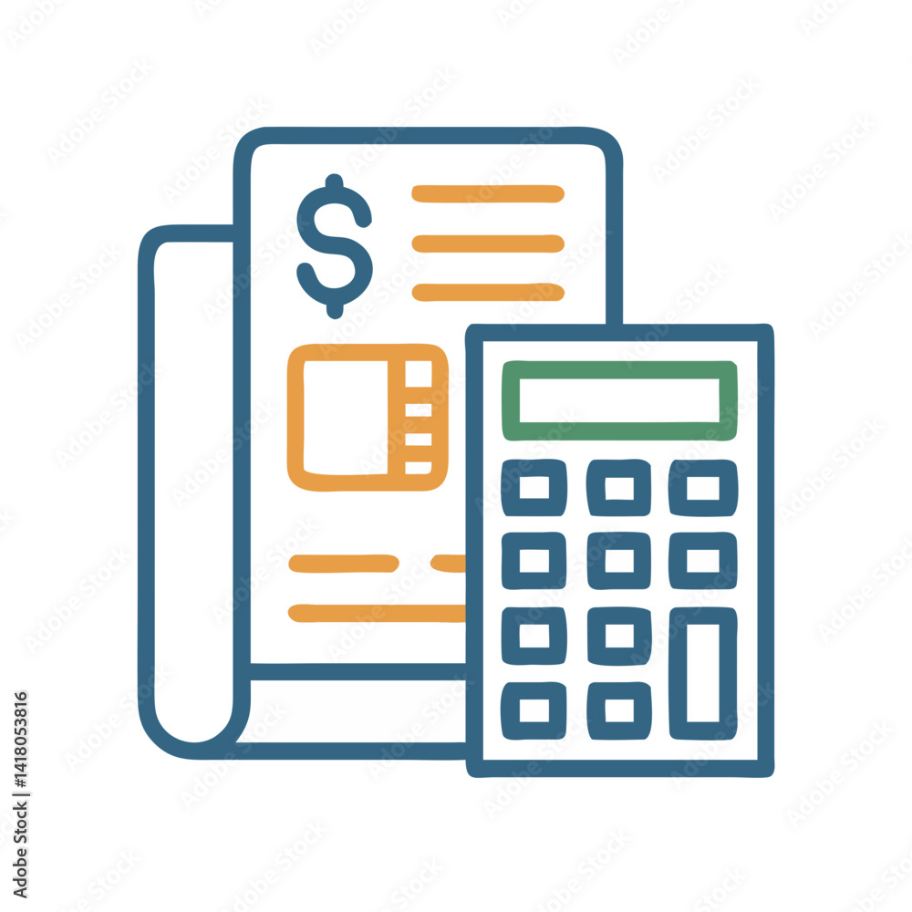 Poster calculator with bill icon representing financial management and expense calculation