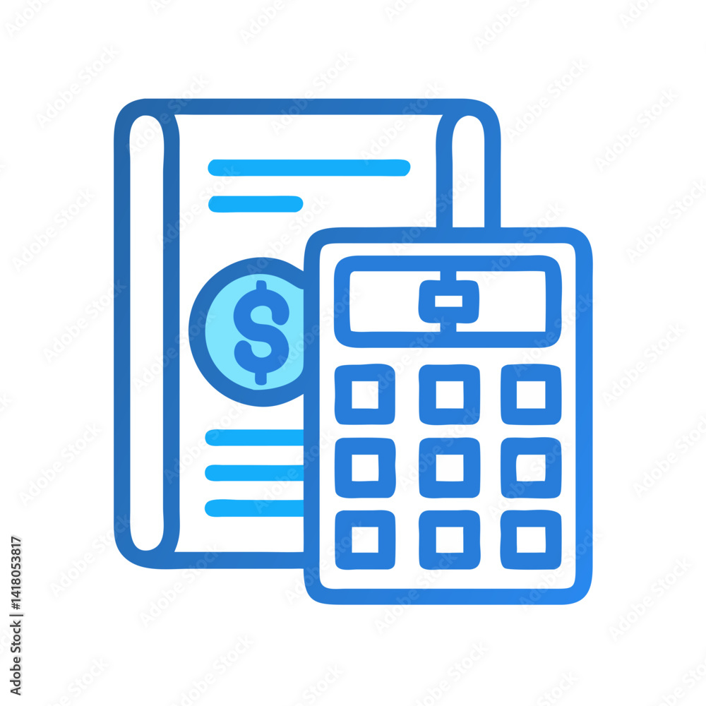 Poster calculator with bill icon representing financial management and expense calculation
