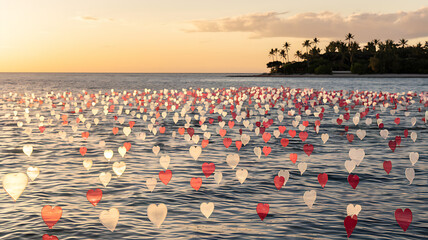 Naklejka premium Floating heart-shaped lights on the ocean surface under the glow of a sunset with island backdrop.