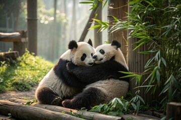 Obraz premium Adorable Panda Couple Cuddling in Sanctuary
