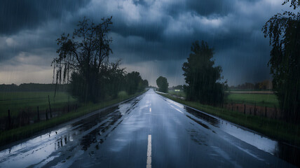 Rain falls on a long straight road under a dramatic stormy sky reflecting the darkness and wetness of the day.