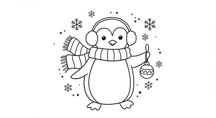Cute cartoon penguin wearing earmuffs and scarf holding Christmas ornament in winter scene