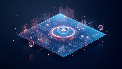 A futuristic data hub glowing with vibrant information streams and a central control core, rendered in sleek, cool blue tones with isometric perspective.