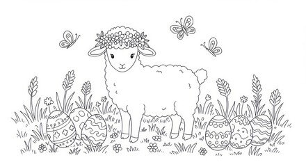 Fototapeta premium Cute Easter Lamb with Flower Crown Standing Among Decorated Eggs and Butterflies in a Spring Meadow