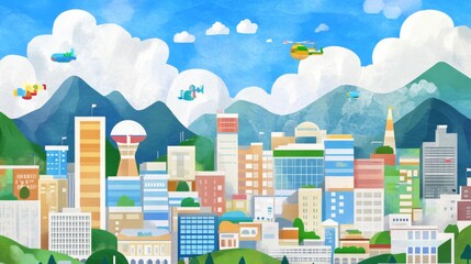 Obraz premium Whimsical city skyline under blue skies with playful planes and helicopters