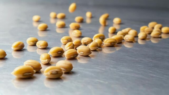 Close-up shot showing yellow split peas scattered on a metal surface, some in focus and some blurred, food preparation concept.