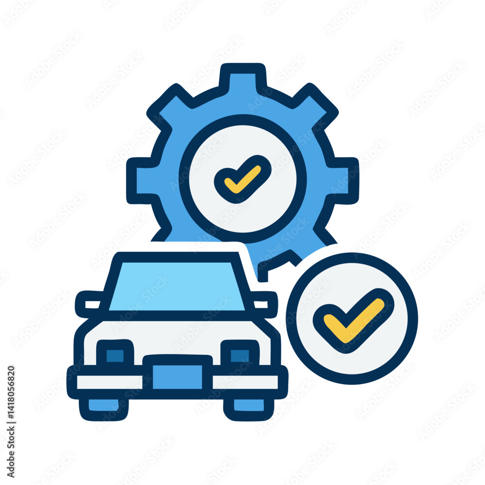 Aufkleber gear with checkmark icon representing vehicle maintenance and system approval