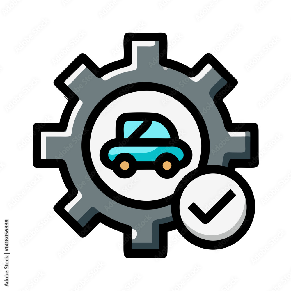 Aufkleber gear with checkmark icon representing vehicle maintenance and system approval