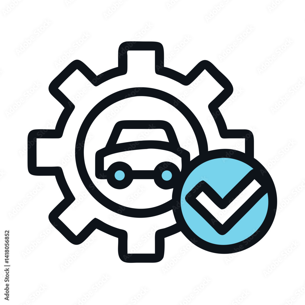 Aufkleber gear with checkmark icon representing vehicle maintenance and system approval