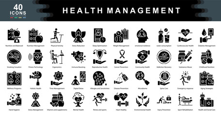 The Health Management black icon set highlights proactive strategies in wellness, disease prevention, and recovery, ideal for medical apps, fitness programs, and public health campaigns.