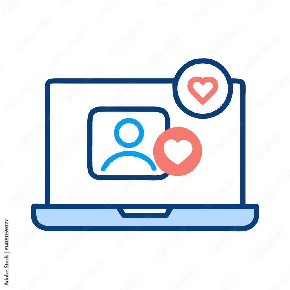 Poster laptop with user icon representing social engagement and online interaction