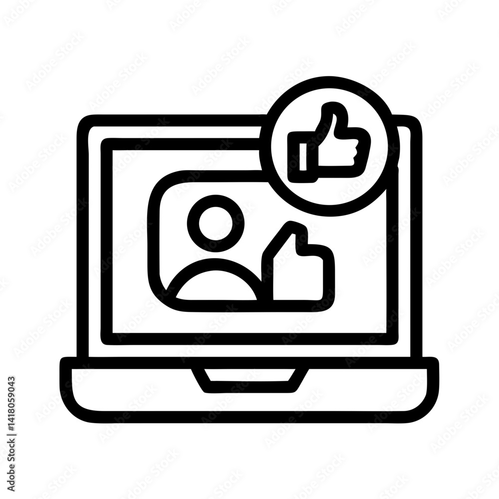 Poster laptop with user icon representing social engagement and online interaction
