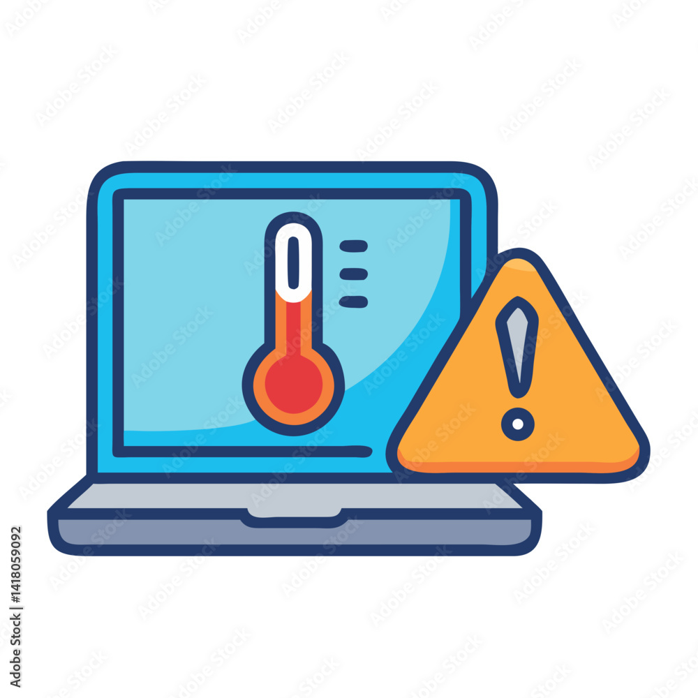 Poster laptop with warning and thermometer icon representing overheating alert and thermal risk