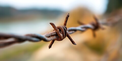 A close-up view of rusty barbed wire, artistically capturing the theme of boundaries and barriers, evoking emotions of confinement and protection in a striking nature setting.