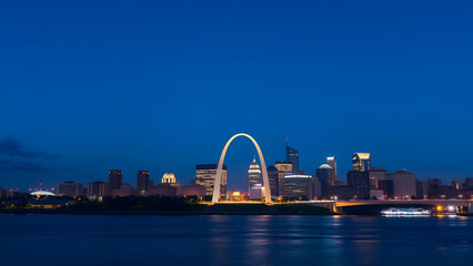 Cinematic Aerial View of St. Louis Skyline at Blue Hour with Gateway Arch and City Lights in 8K
