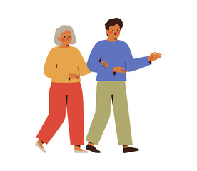 Social worker walking with senior woman. Son takes care about his older mother. Help and support for elderly people. Vector illustration