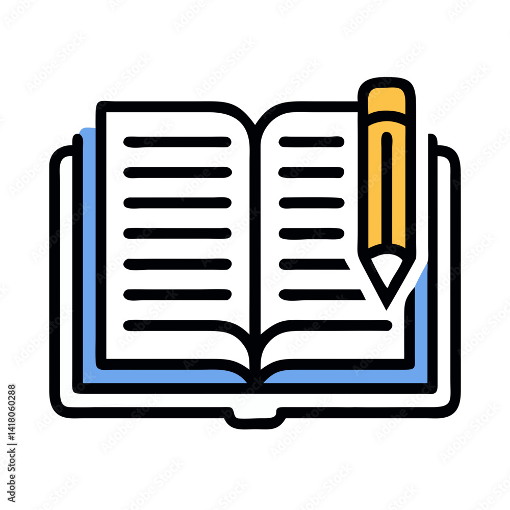 Poster open book with pencil icon representing learning and educational writing practice
