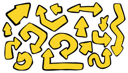 Set of yellow doodle arrows. Hand-drawn sketch-style curved and straight pointers. Fun and playful elements for notes, highlights, infographics, and creative designs.