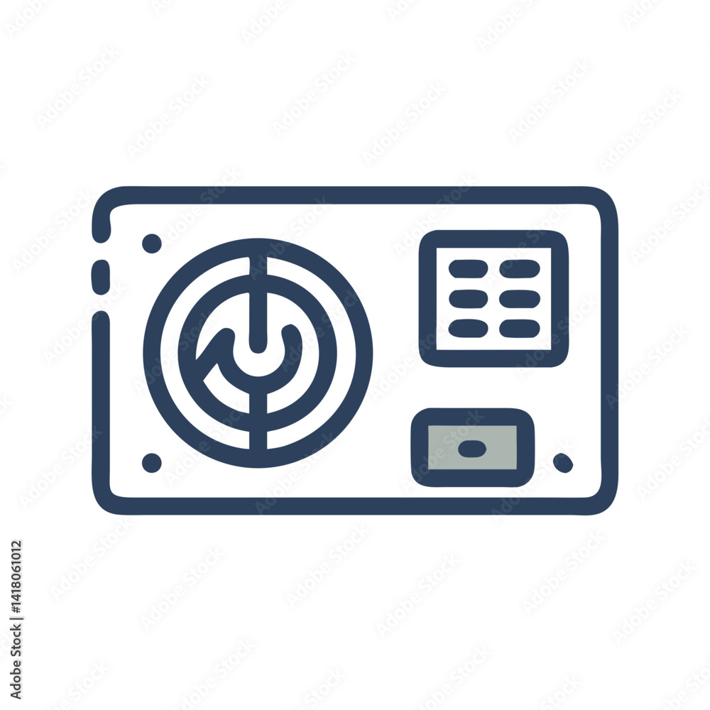 Poster power supply unit icon representing pc power source and electrical hardware component