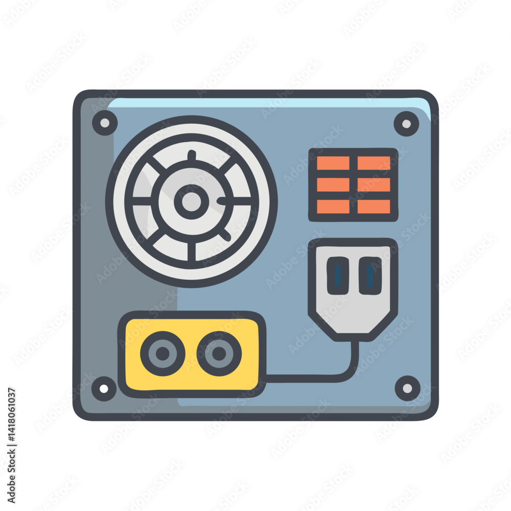 Poster power supply unit icon representing pc power source and electrical hardware component