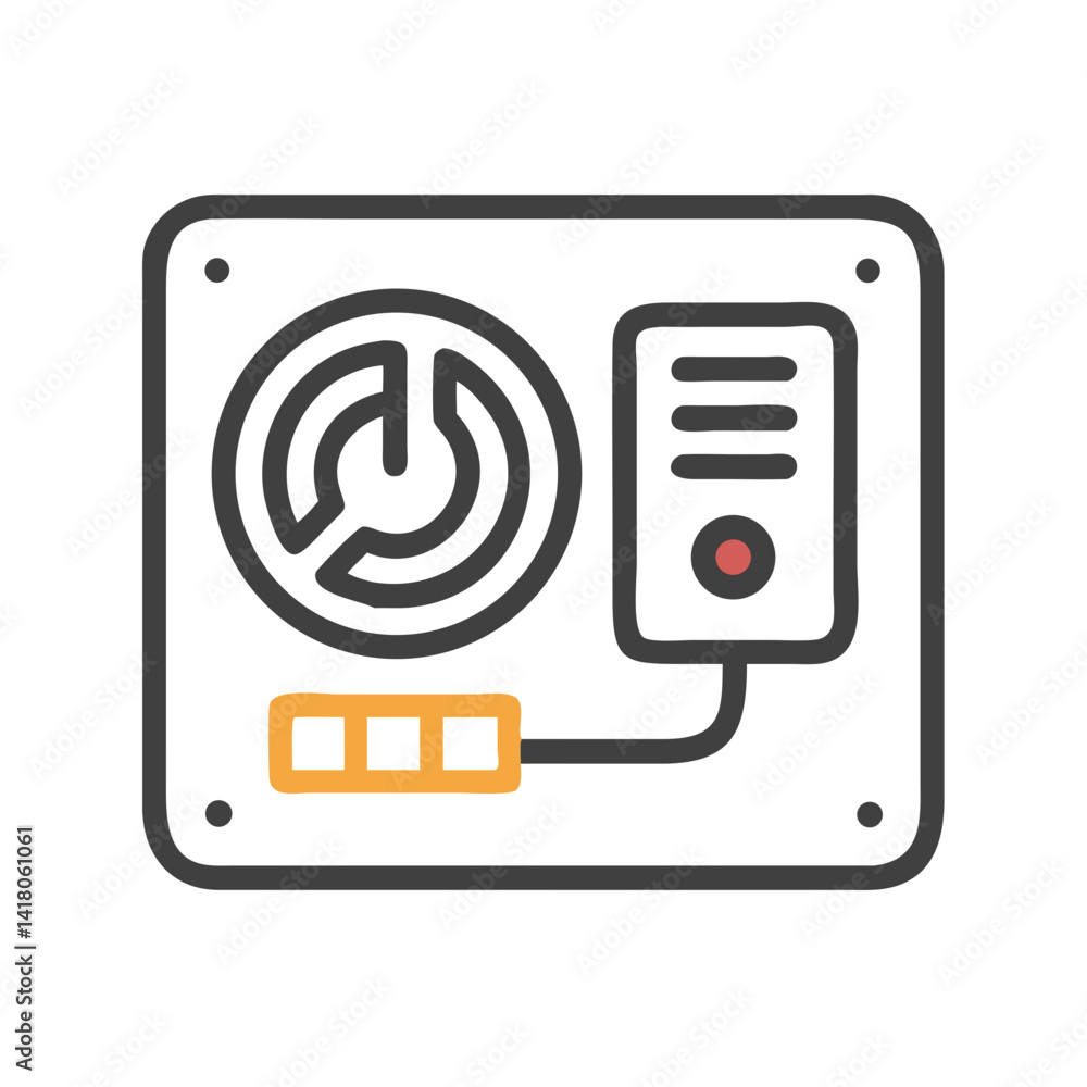 Poster power supply unit icon representing pc power source and electrical hardware component