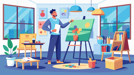 A man is teaching a woman how to paint. The woman is sitting on the floor while the man stands in front of her. There are several potted plants in the room, and a clock is hanging on the wall