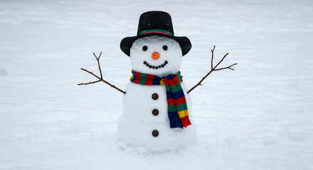 Obraz premium Cheerful Snowman in Top Hat and Scarf Winter Snow Scene Festive Holiday