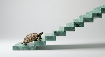 Tortoise Climbing Green Marble Steps Slow and Steady Progress Concept