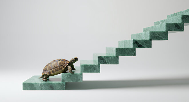Tortoise Climbing Green Marble Steps Slow and Steady Progress Concept