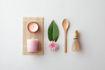 Vesak Morning Ritual Tools Arranged in a Serene Flatlay With Candles and Natural Elements
