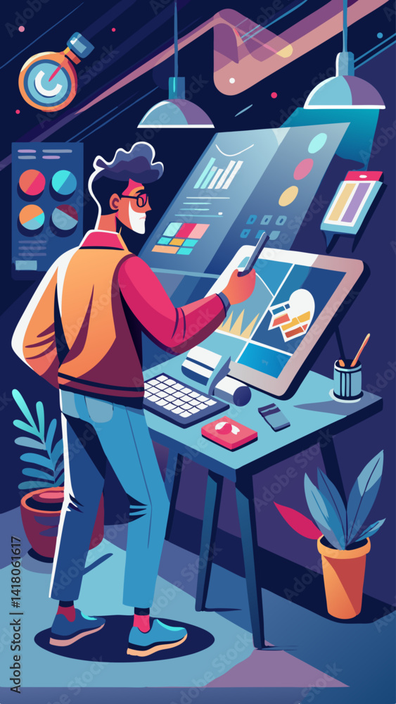 Poster a man is sitting at a desk with a computer monitor and a cell phone. he is wearing a mask and he is 