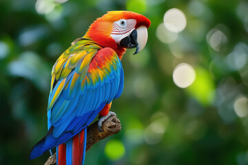 Obraz premium Colorful parrot perched on a branch, surrounded by lush green foliage in a tropical setting.