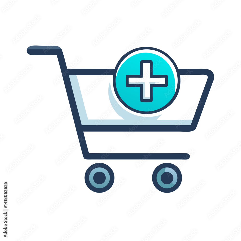 Poster shopping cart with plus icon representing add to cart function in online shopping