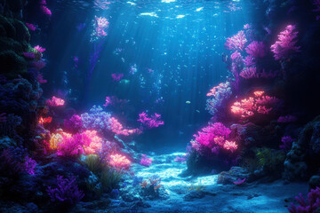 Fototapeta premium Colorful coral reef with vibrant fish swimming underwater.