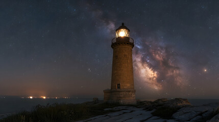 Illuminated lighthouse atop rocks under the Milky Way amidst the starry night sky A faint light reflects off a distan