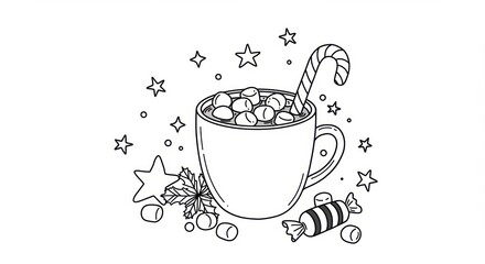 Festive holiday season illustration featuring a cup of hot chocolate with marshmallows and candy cane