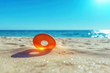 Naklejka premium Bright orange float resting on soft sand by the serene ocean under a clear sky